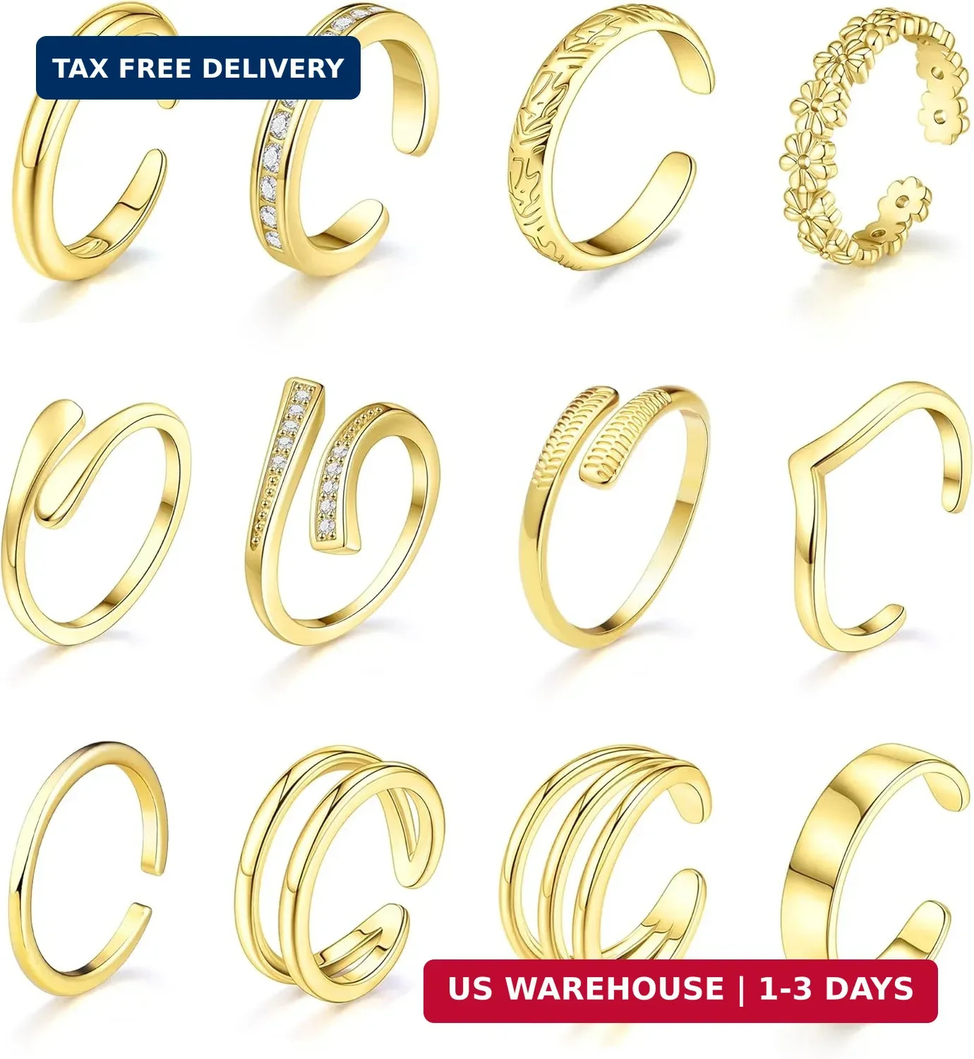 Giovanchi 12Pcs 14K Gold Filled Toe Rings for Women Non Tarnish Adjustable Flowe