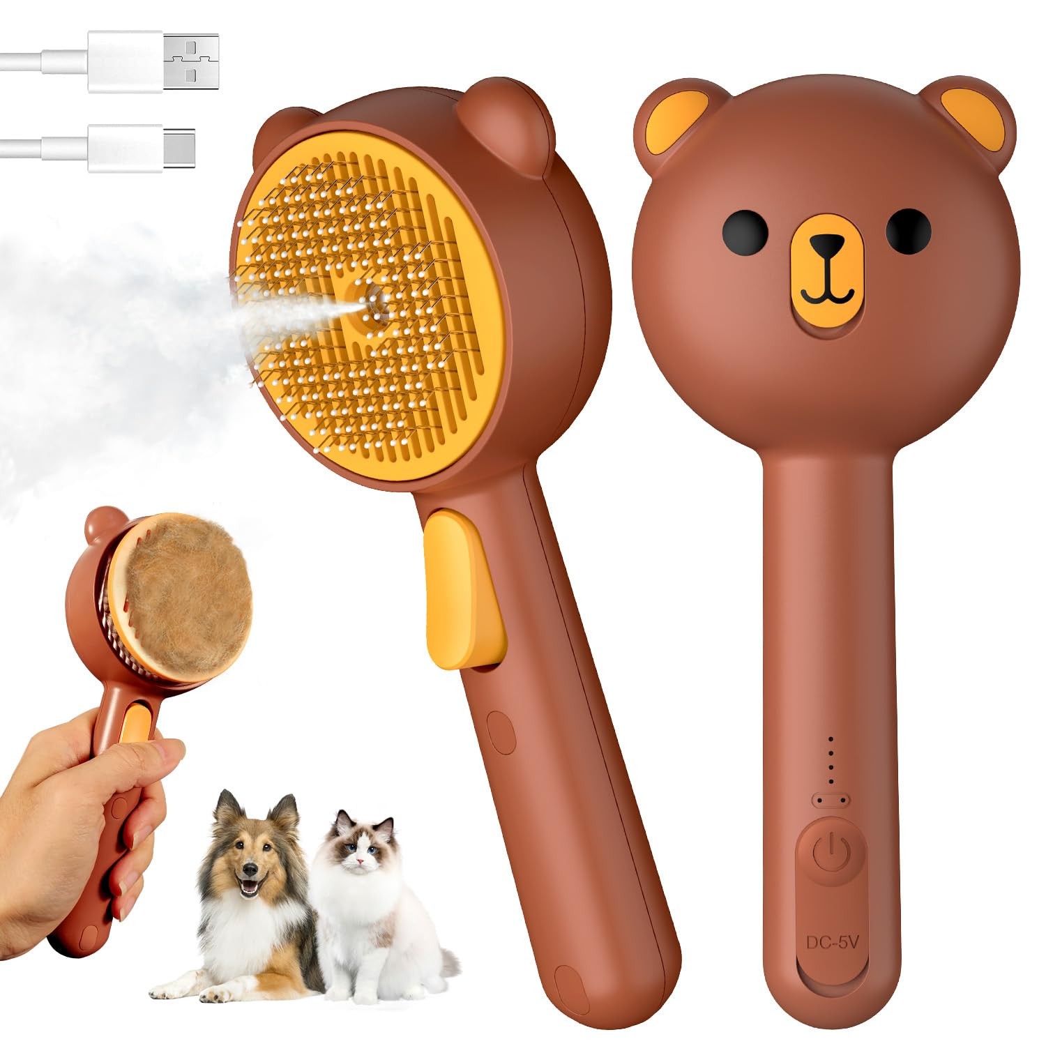 Pecait Cat Steam Brush, Self Cleaning Pet Spray Hair Removal Comb with Releas...