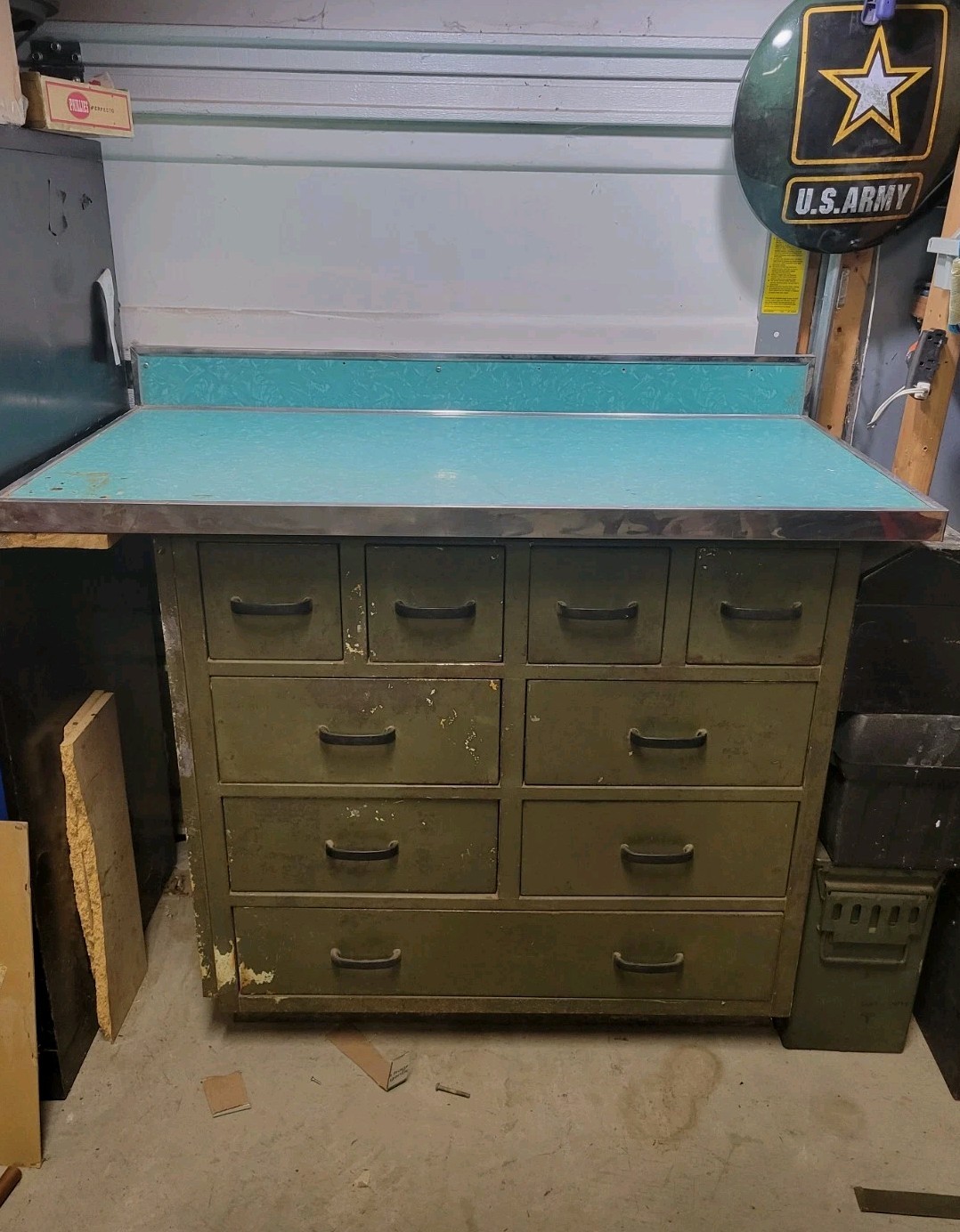 Vintage Industrial Steel Workbench Cabinet 9 Drawer Retro Teal Top Local Pickup