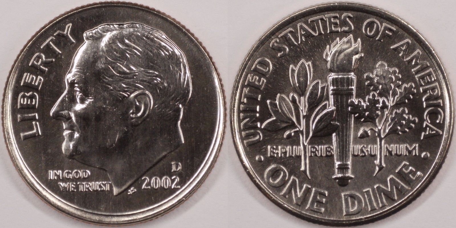 United States 2002 D 10 Cents Roosevelt Dime KM#195a Clad Torch Olive Oak Branch