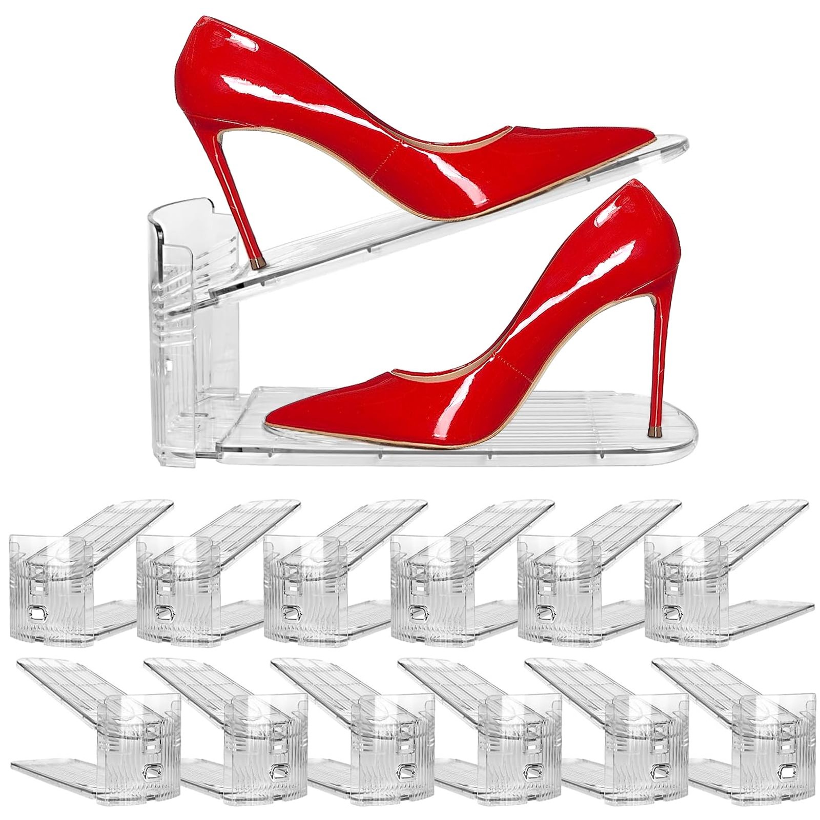 12 Pack Clear Shoe Slots Organizer - Adjustable Height 3.7''to 7.7'' Shoe sta...