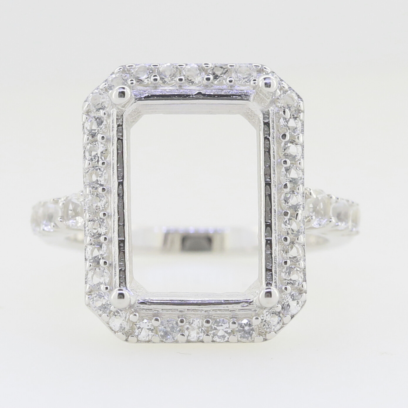 Sterling Silver Semi Mount Ring Setting Emerald OCT 14x10mm Halo White Topaz