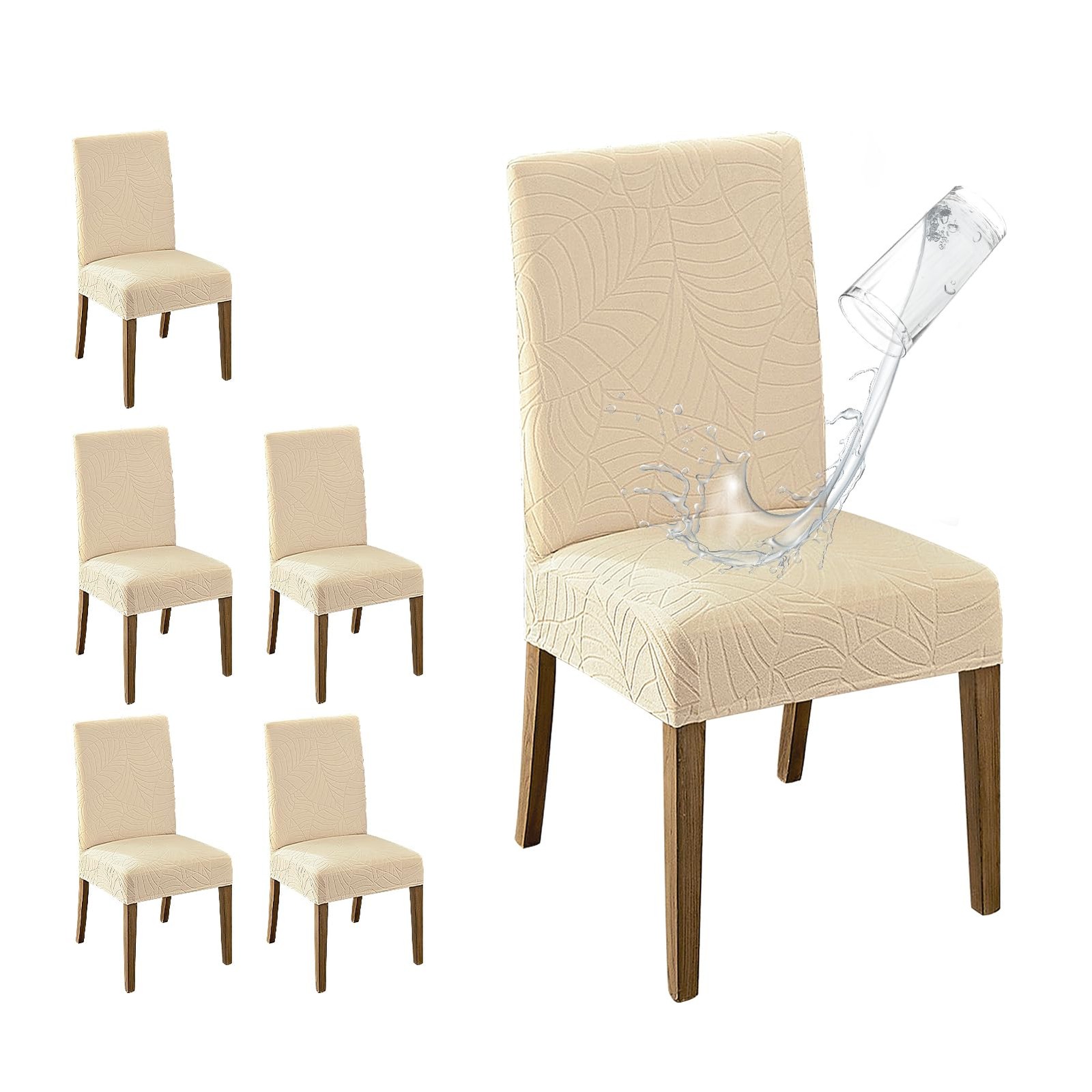 MOSAYT 100% Waterproof Dining Room Chair Covers Set XL - 6 Pack, Leaf-beige