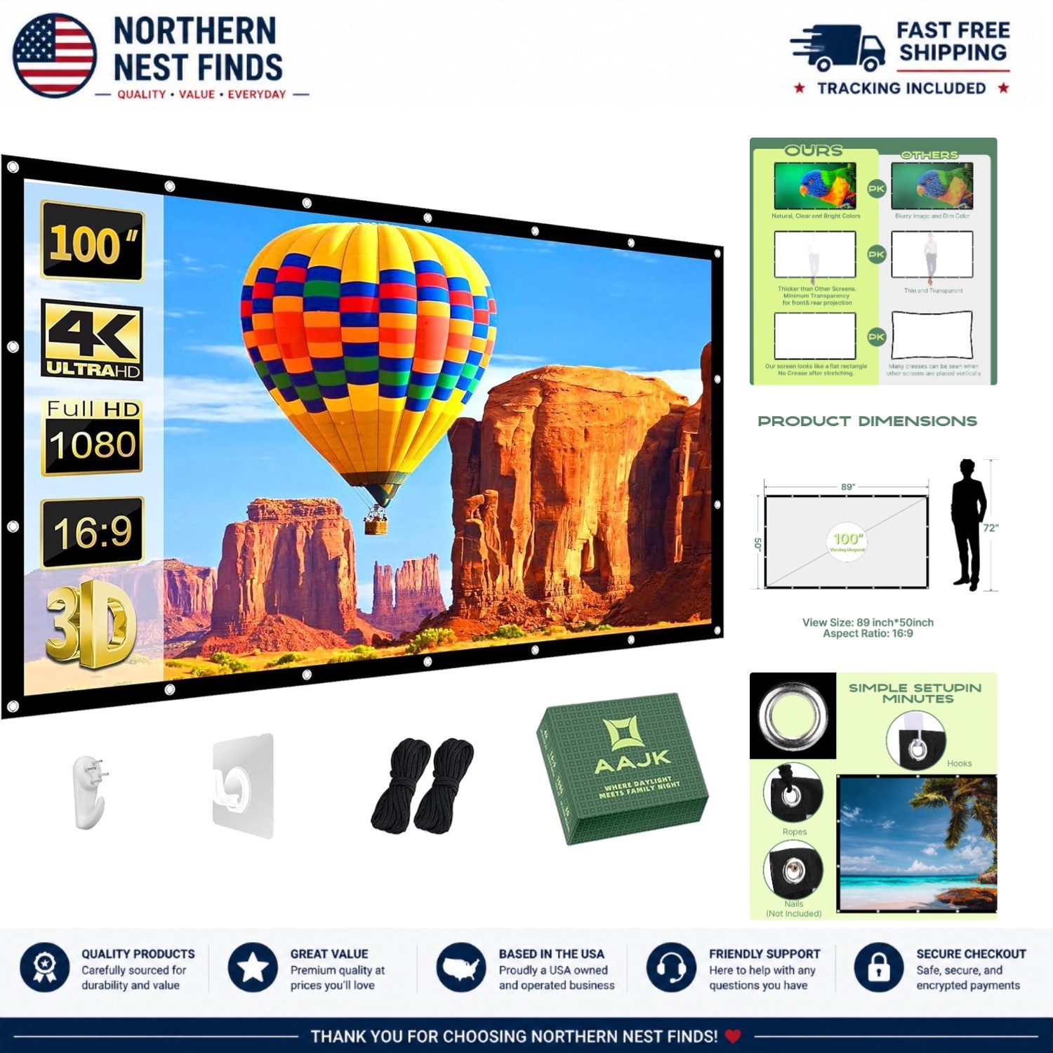 Versatile 100-Inch Projector Screen - 16:9 Aspect Ratio, Double-Sided Projection