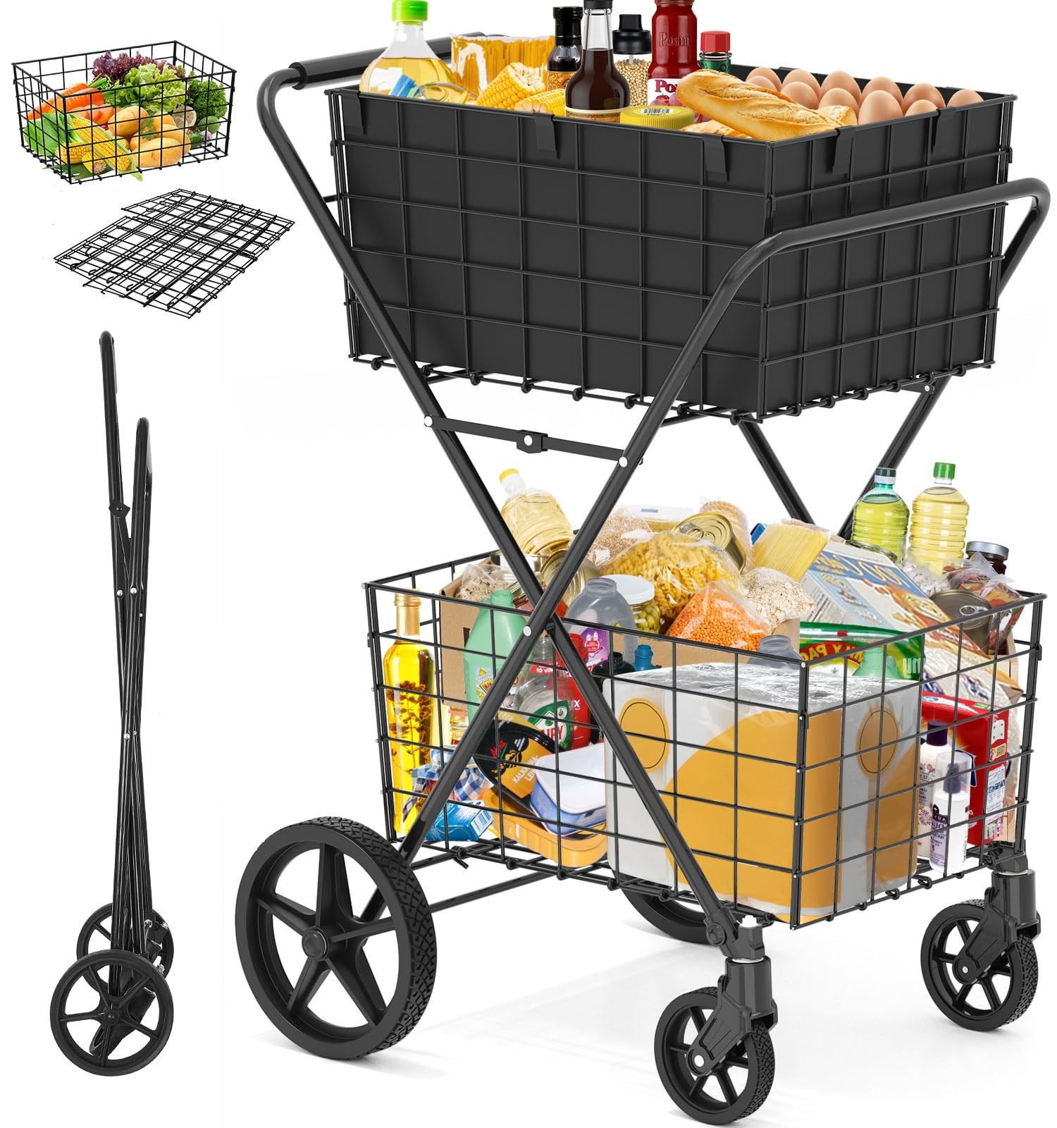 Heavy Duty 2 Tier Rolling Grocery Cart 400Lb Collapsible Shopping Basket Utility