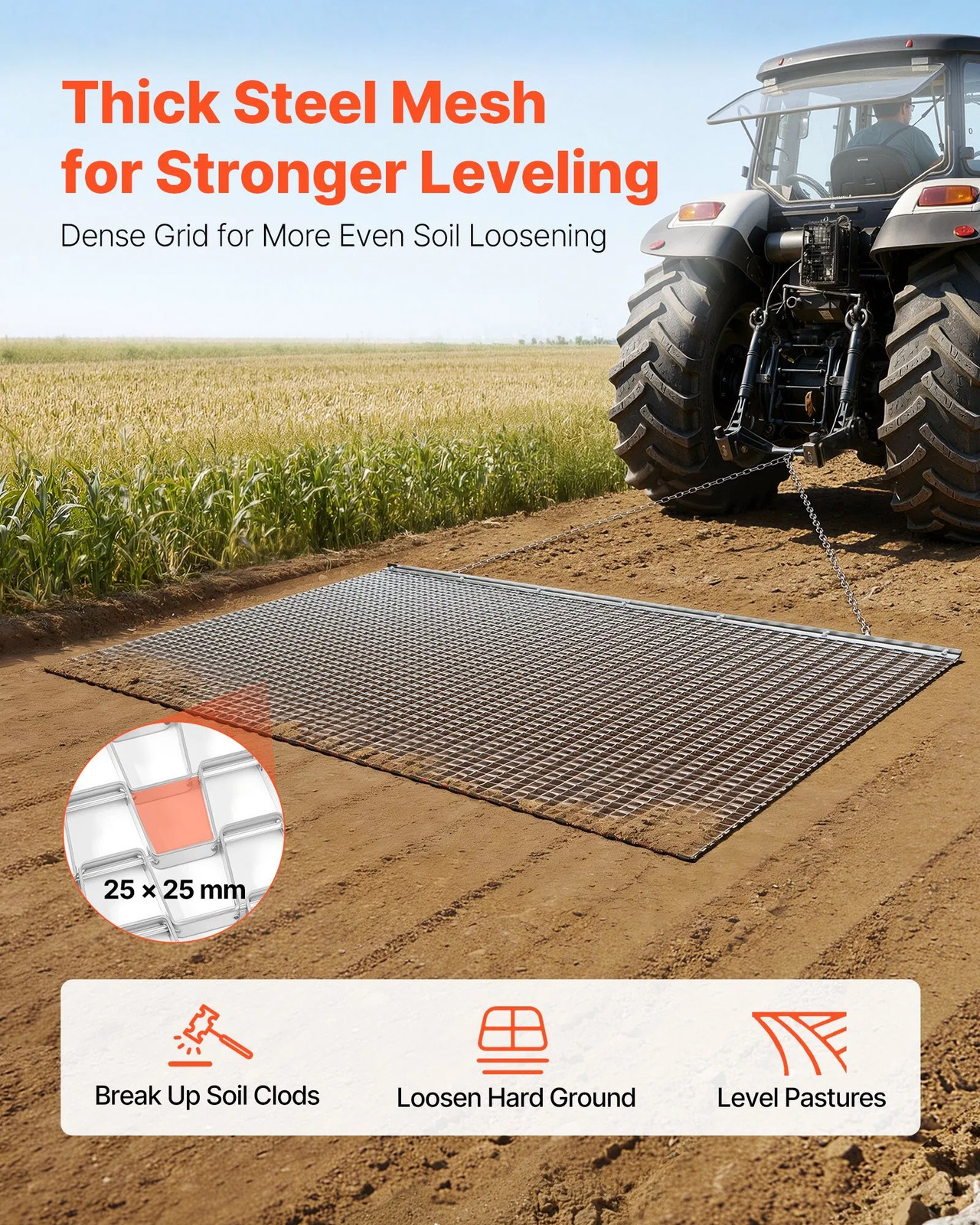 Drag Harrow, 6.6 x 4 ft, High-Efficiency Chain Harrow Rake, ATVs UTVs Tractors A