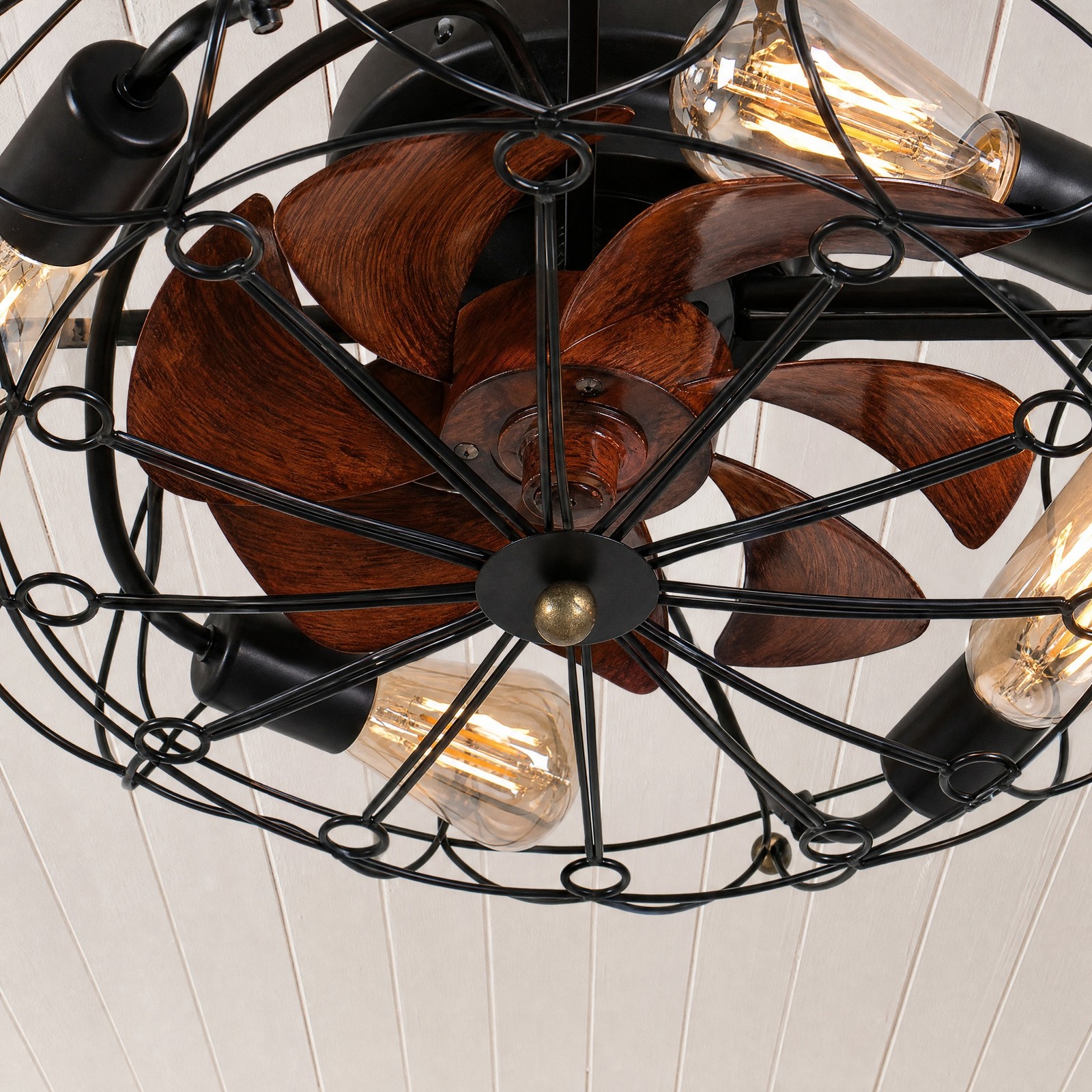 20'' Modern Caged Black Ceiling Fan with LED Light Flush Mount Remote Control