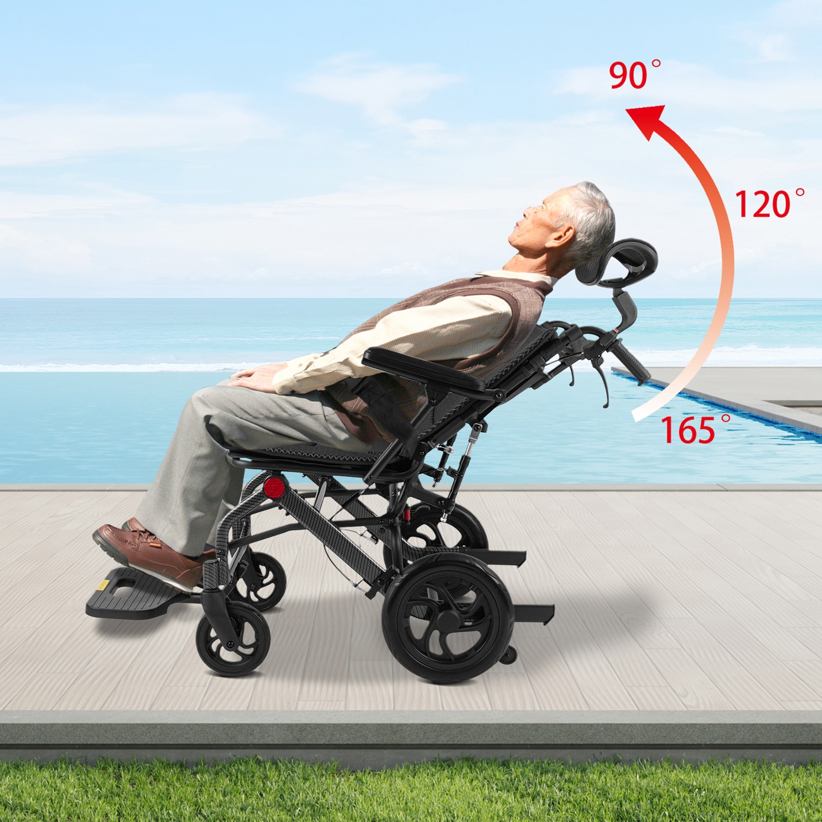 Adult Reclining Wheelchair Adjustable Transport Wheelchair for Seniors 90°-175°