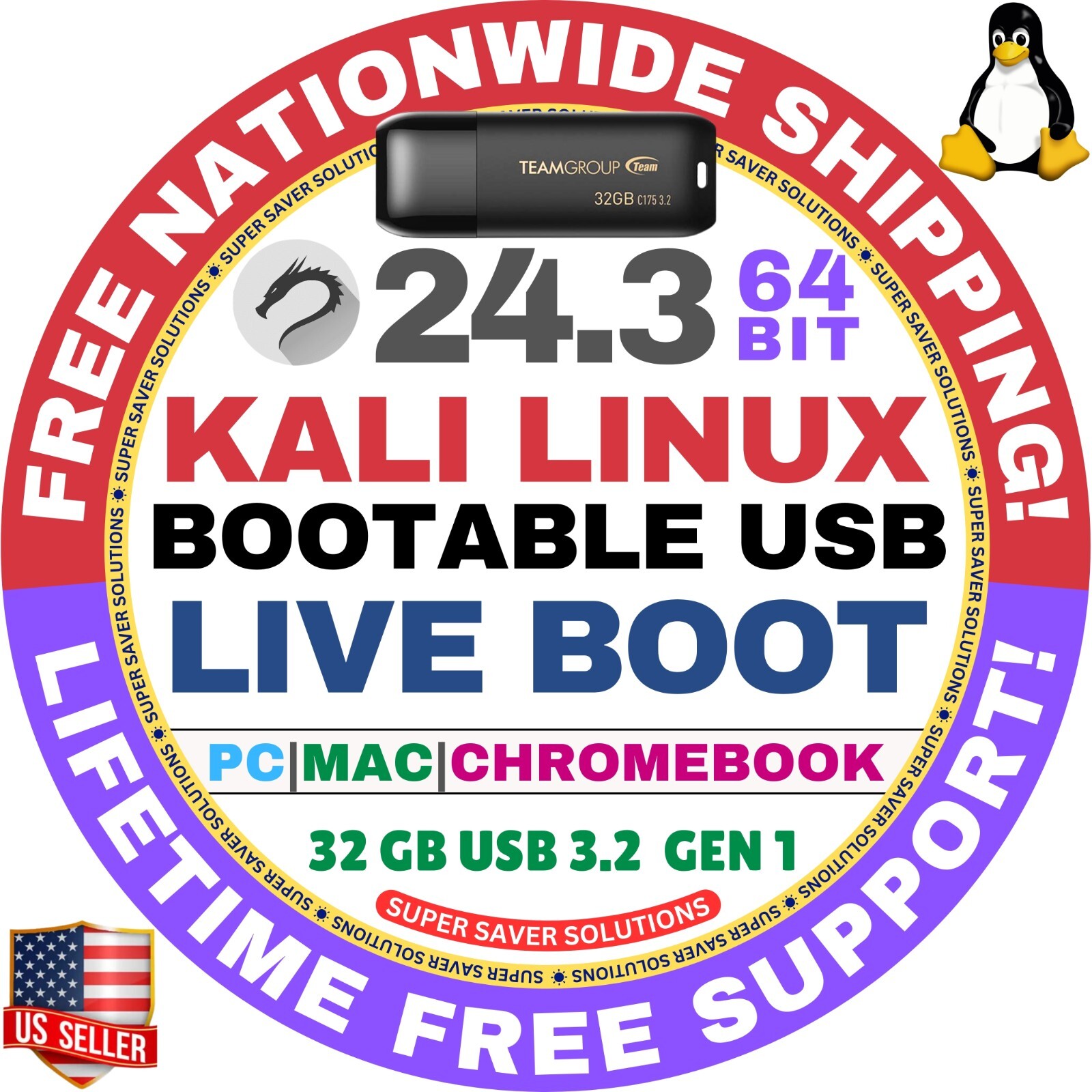 KALI LINUX OS 24.3 LIVE / FULL INSTALLER / DVD, USB / 64-BIT, AMD64 / MAC PC ALL