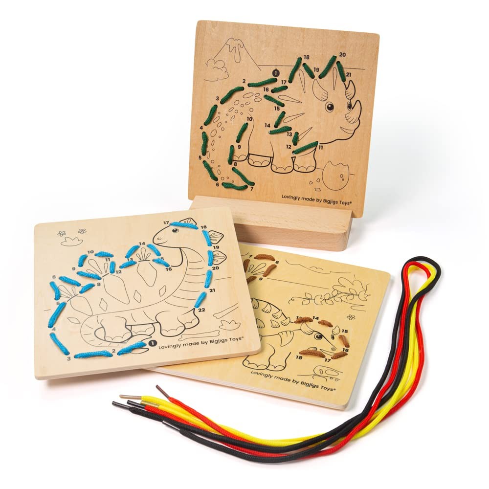 Bigjigs Toys, Lacing By Numbers - Dinosaur, Wooden Toys, Lacing Toy, Threading T