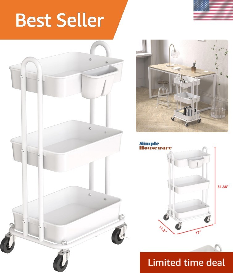 Elegant 3-Tier Multifunctional Rolling Utility Cart with Hanging Bucket, White