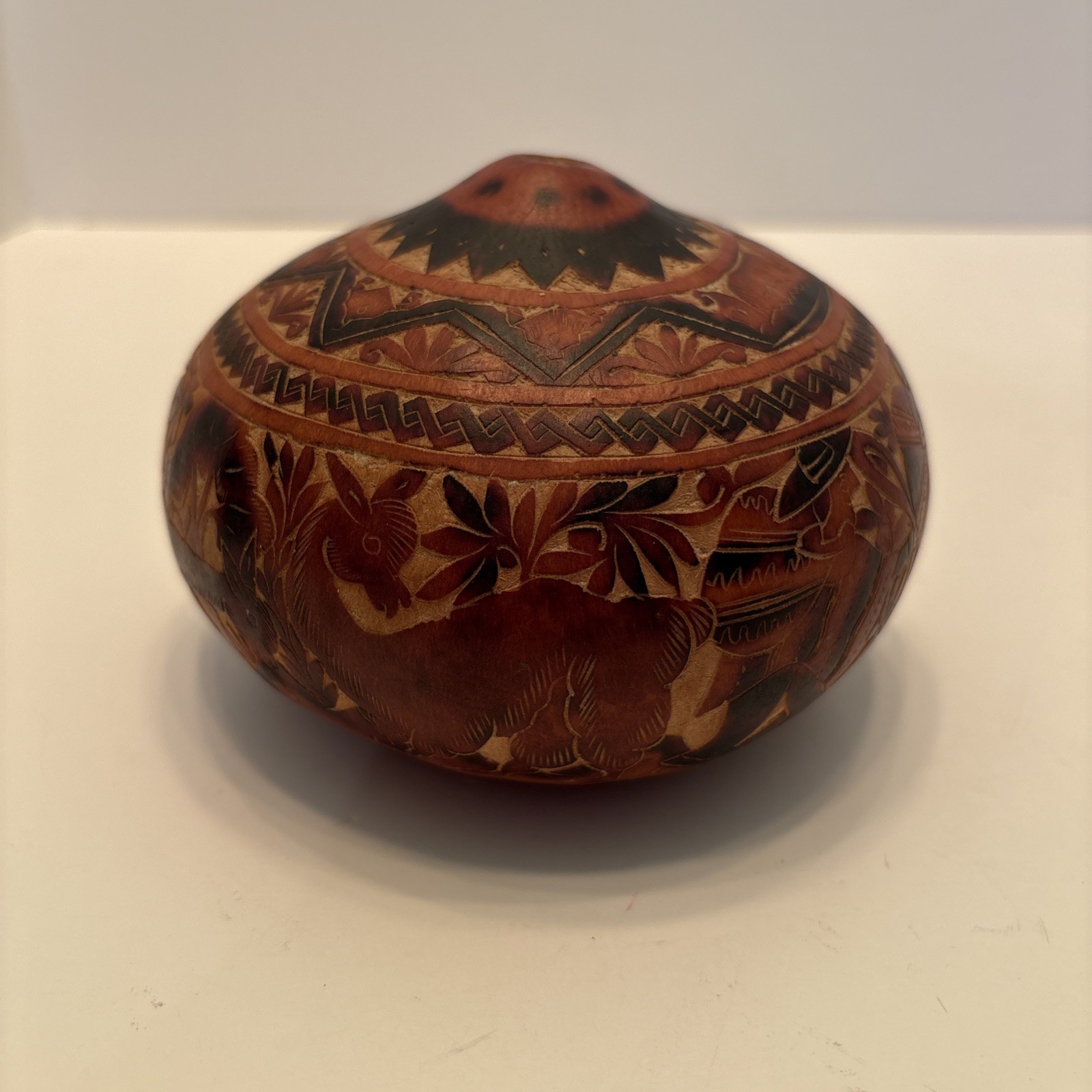 Vintage Peruvian Hand Carved Gourd Story Scene Peru Folk Art Village Life Lama