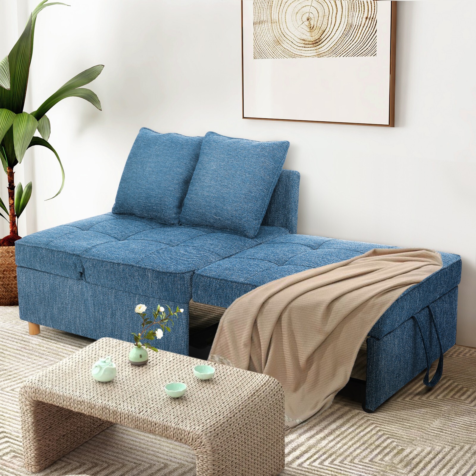 Folding Ottoman Sofa Bed Chair 4-in-1 Sleeper Sofa Adjustable Backrest+2 Pillows