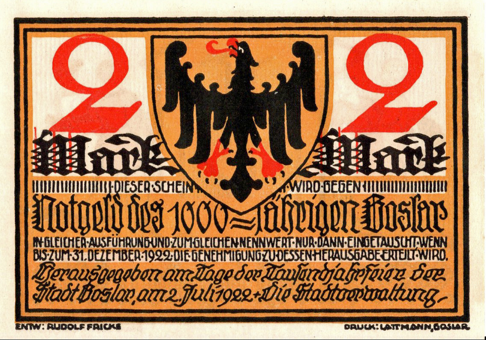 5 x 2 Mark emergency money = vouchers for the 1000-year-old city of Goslar 2 ...