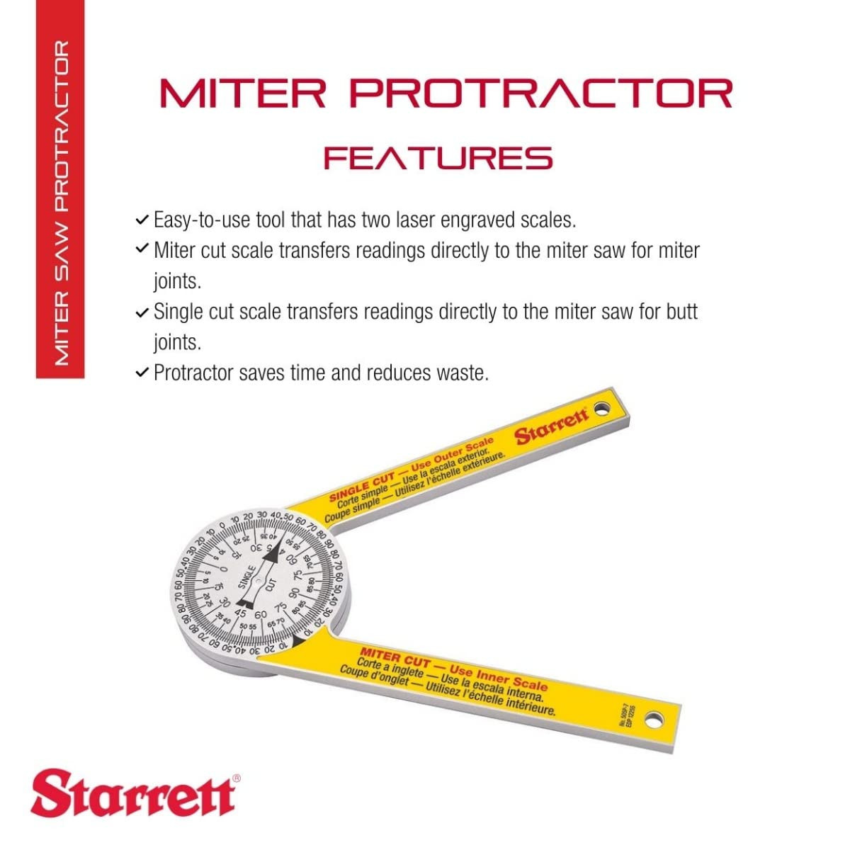 Starrett Prosite Miter Protractor with Laser Engraved Scales - 7" Plastic