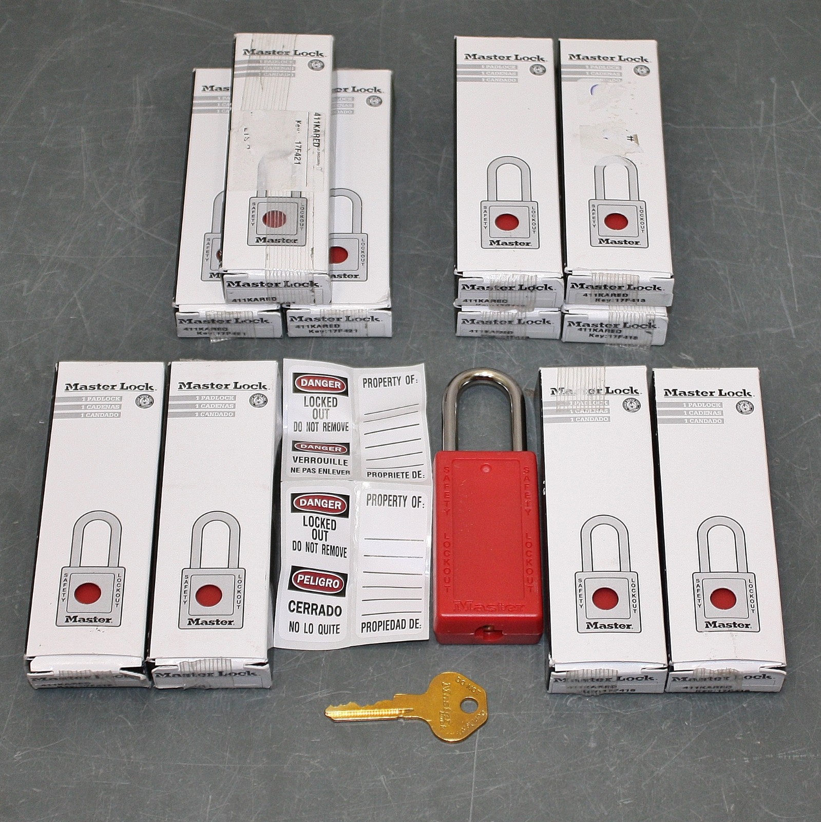 (12) Master Lock Lockout Padlock 411KAS12RED, Thermoplastic Long Body, Red