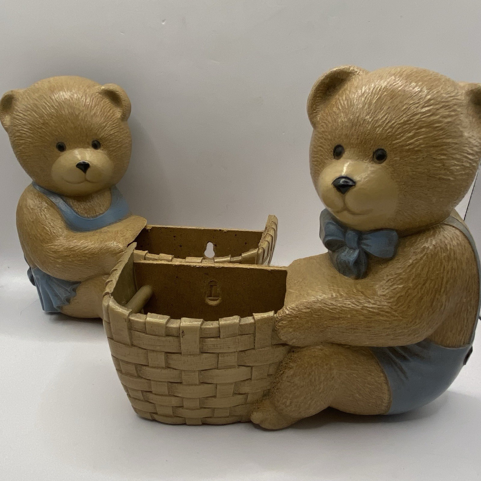 Burwood Boy & Girl Bear In Blue W/ Basket Plastic Planters- Wall Art- 2 Pieces