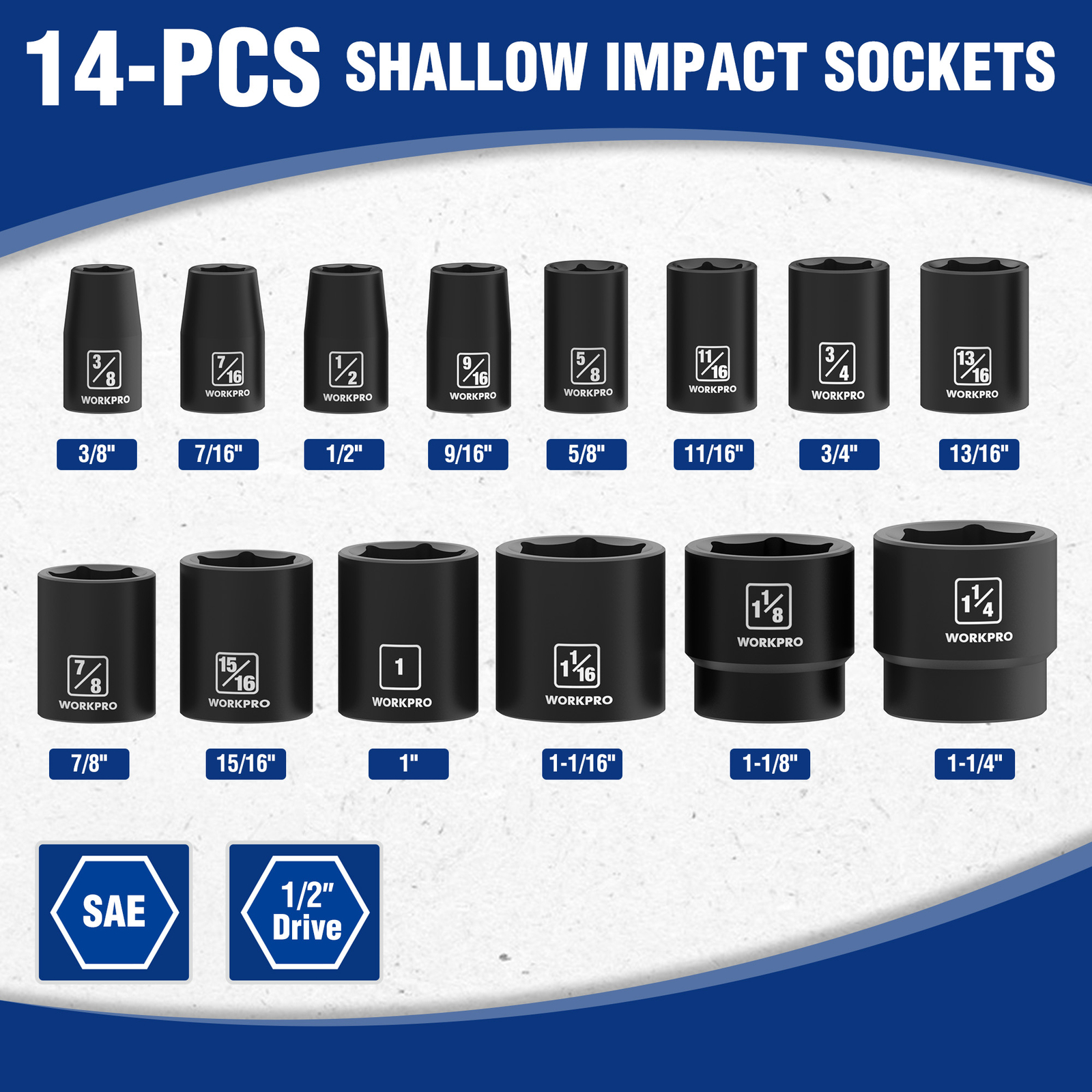 WORKPRO 1/2” Drive Shallow Impact Socket Set, SAE Cr-V Steel 6-Point Socket Set