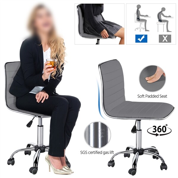 Low Back Armless Office Chair, PU Leather Ribbed Armless Swivel Task Chair Grey