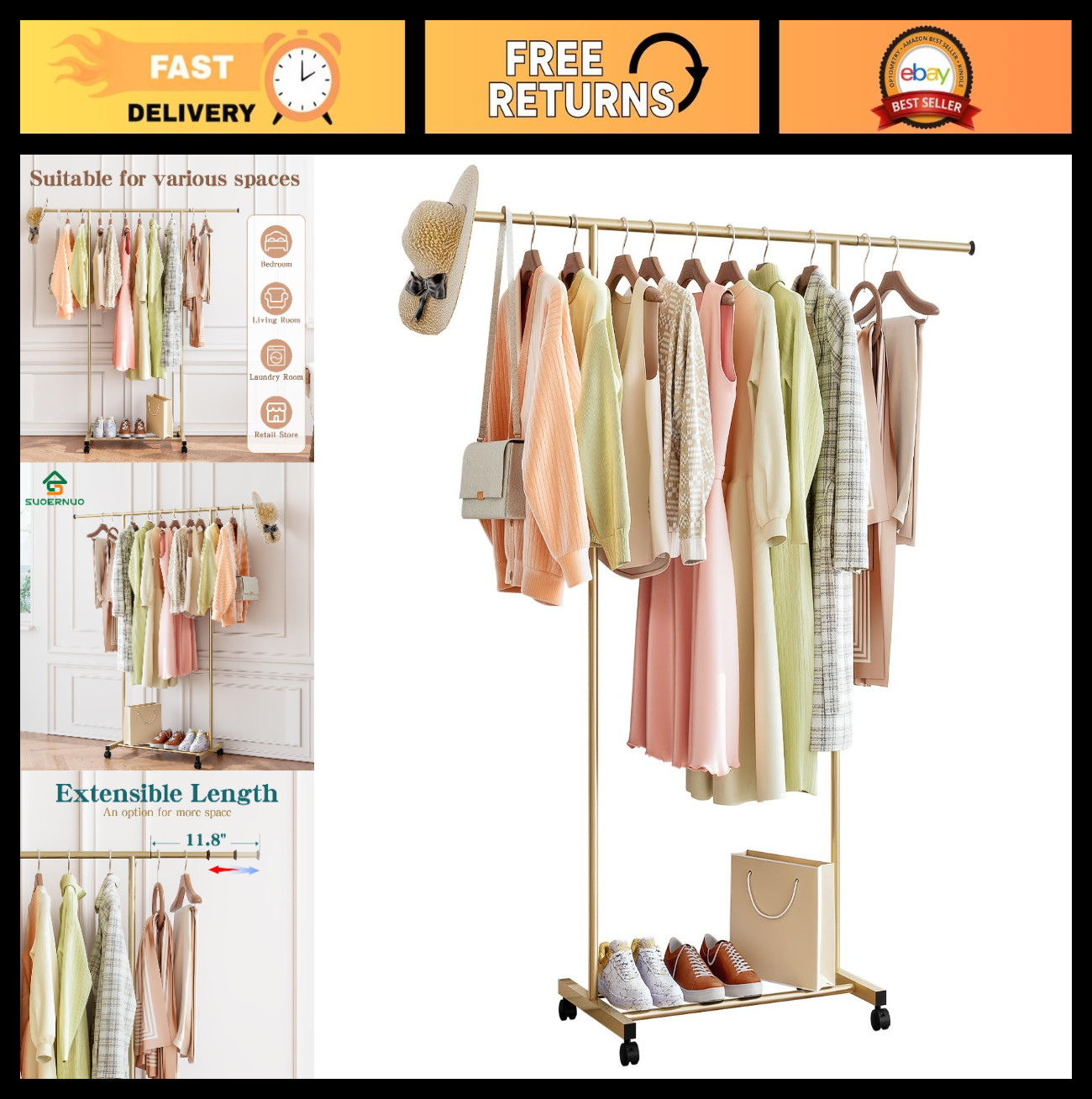 Portable Rolling Clothes Rack with Wheels - Metal Garment Rack for Bedroom, Laun