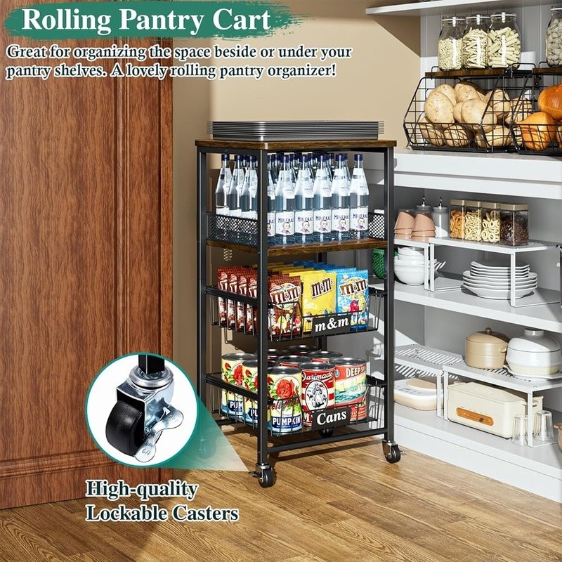 Rolling Kitchen Cart W/ Pull-Out Baskets Snack Organizer Fruit Storage New
