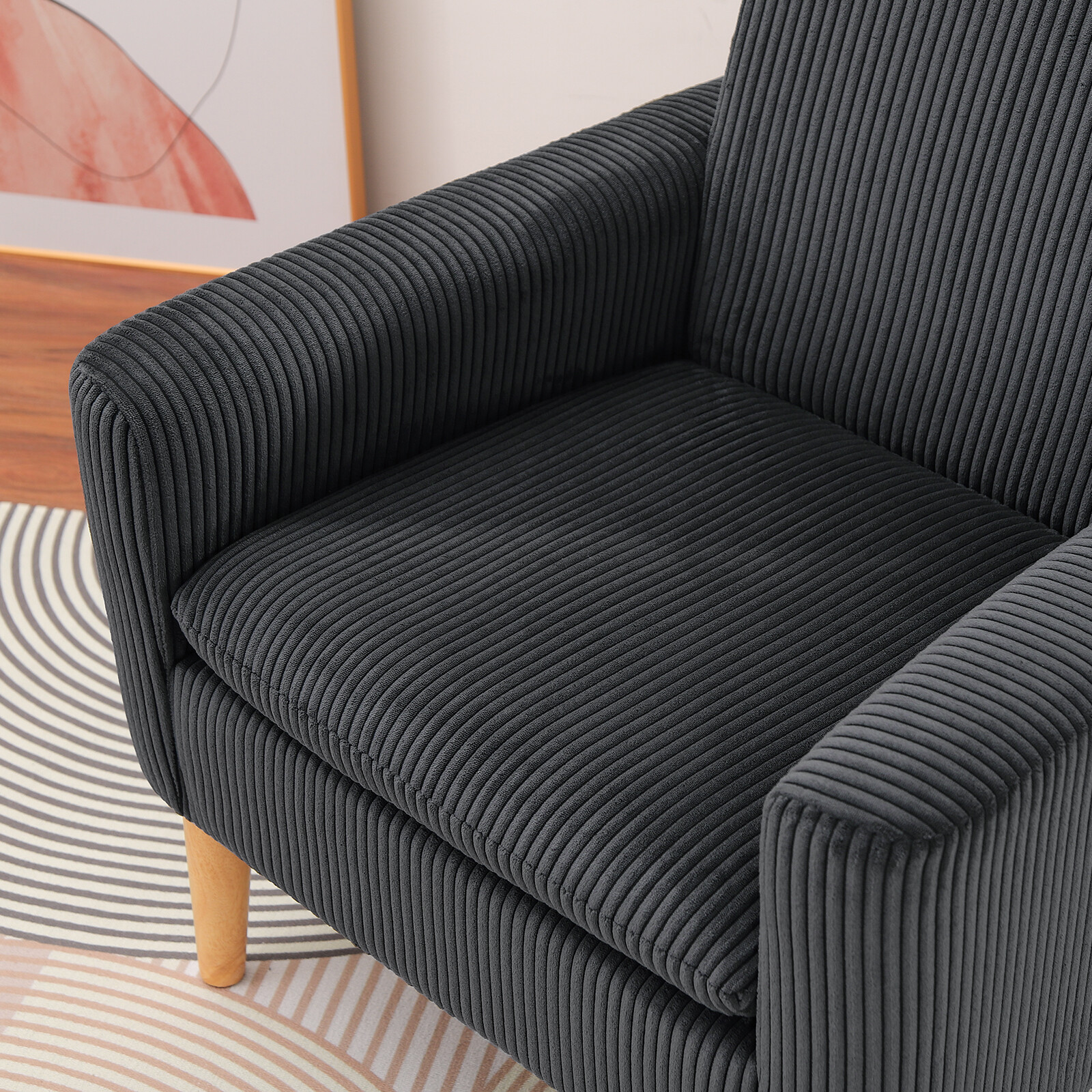 Corduroy Fabric Accent Chair Upholstered Comfy Single Sofa Wood Legs Black US
