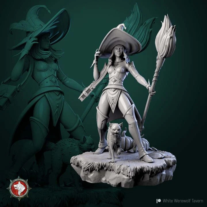 Witch with Cat and Pumpkins - 32-75mm Halloween - Resin Tabletop Miniature