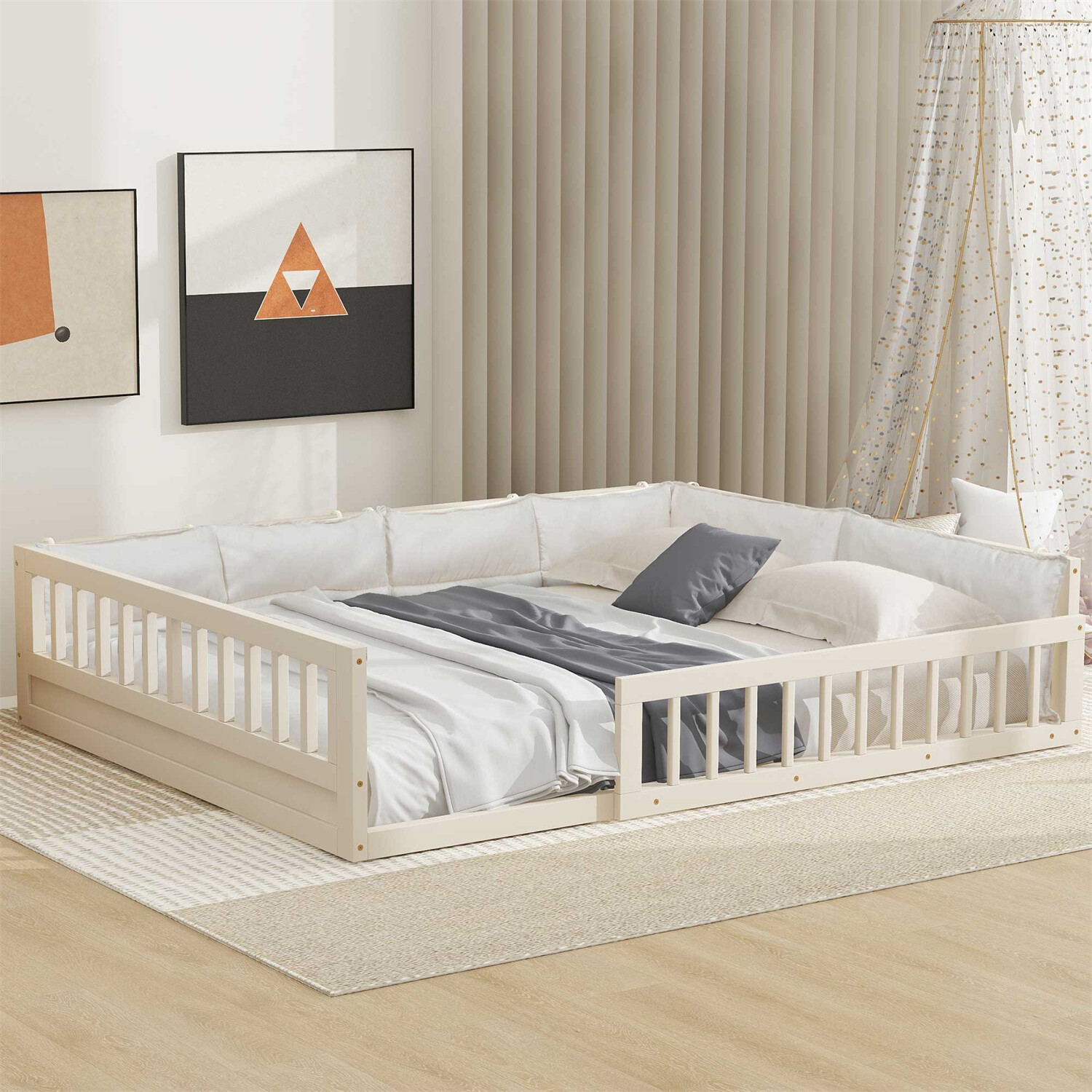 Full Size Bed Frame Upholstered Platform Bed Frame w/ Headboard Beige US