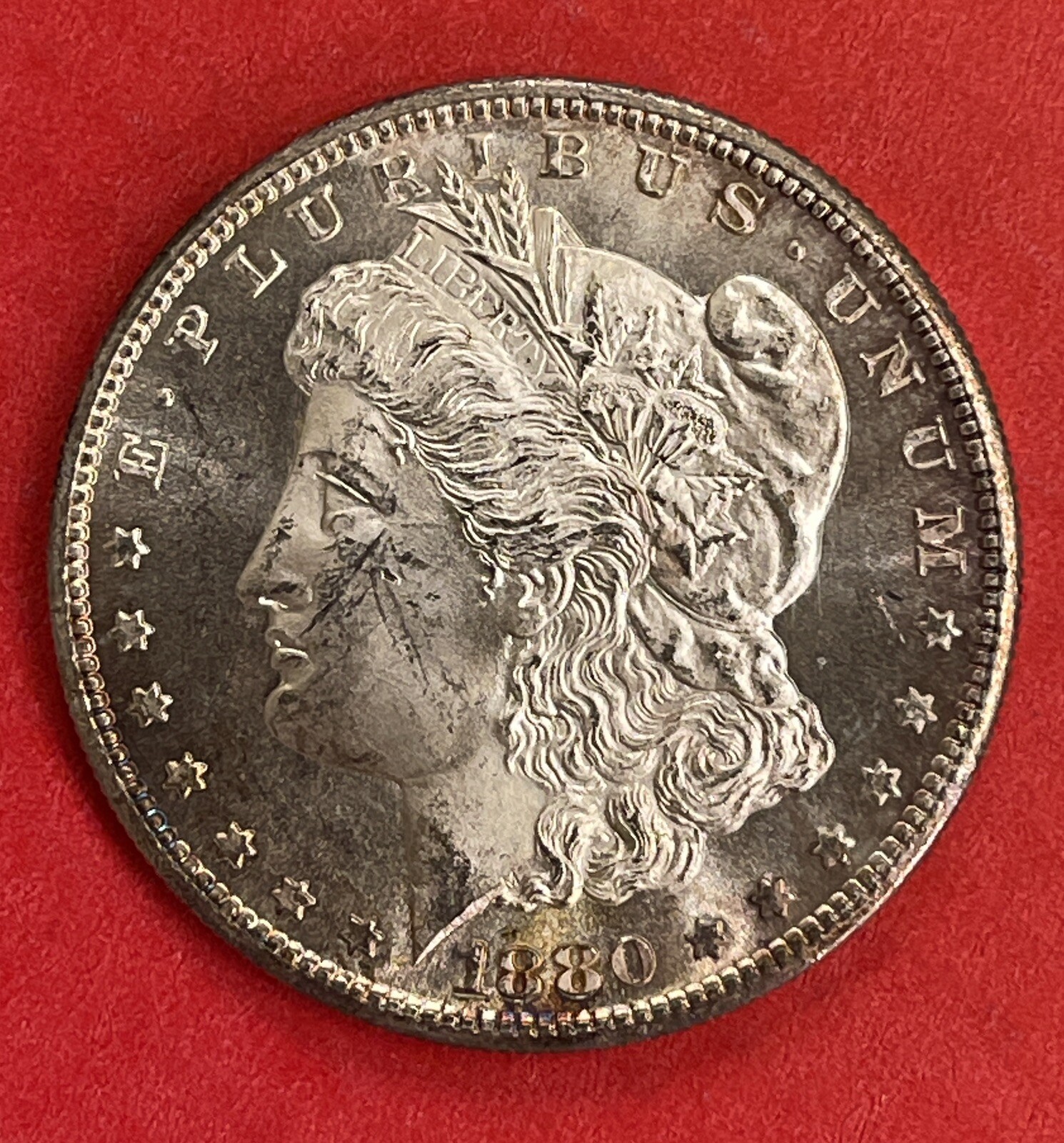 1880 S Morgan Silver Dollar, Gem Uncirculated, Obverse Prooflike.