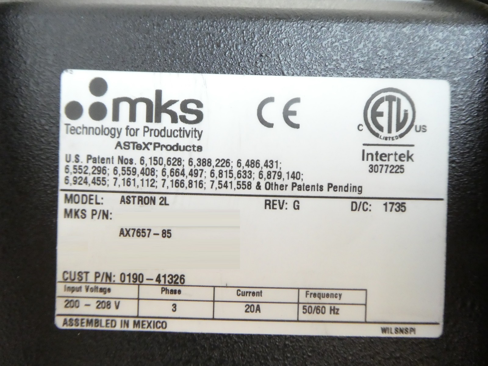 ASTRON 2L MKS Instruments AX7657-85 Plasma Source 1000 Hours Tested Working