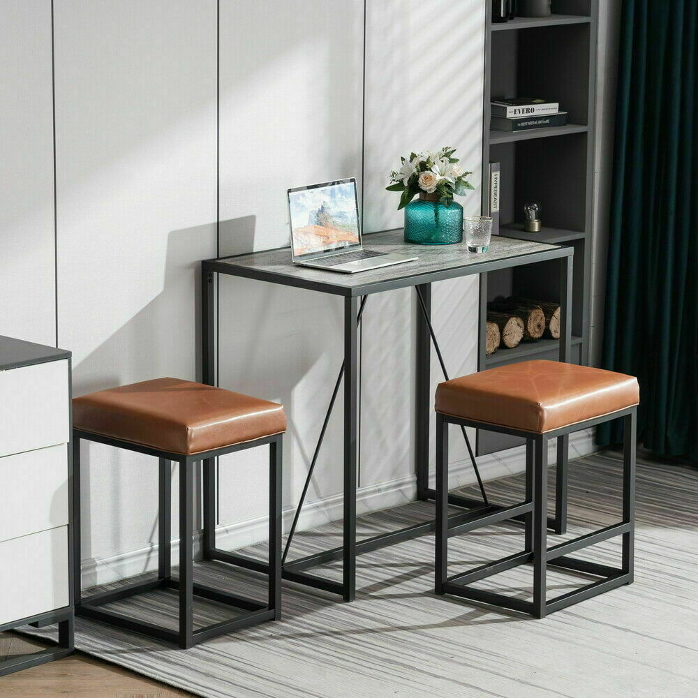US 3Pcs Pub Rectangle Dining Set Wood Dining Table+2 Leather Cushioned Bar Chair