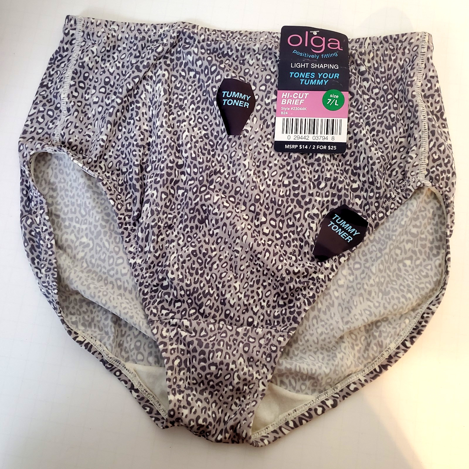 Olga Tummy Toner Light Shaping Panty Hi Cut Brief 23044K Gray Leopard 7/L NWT