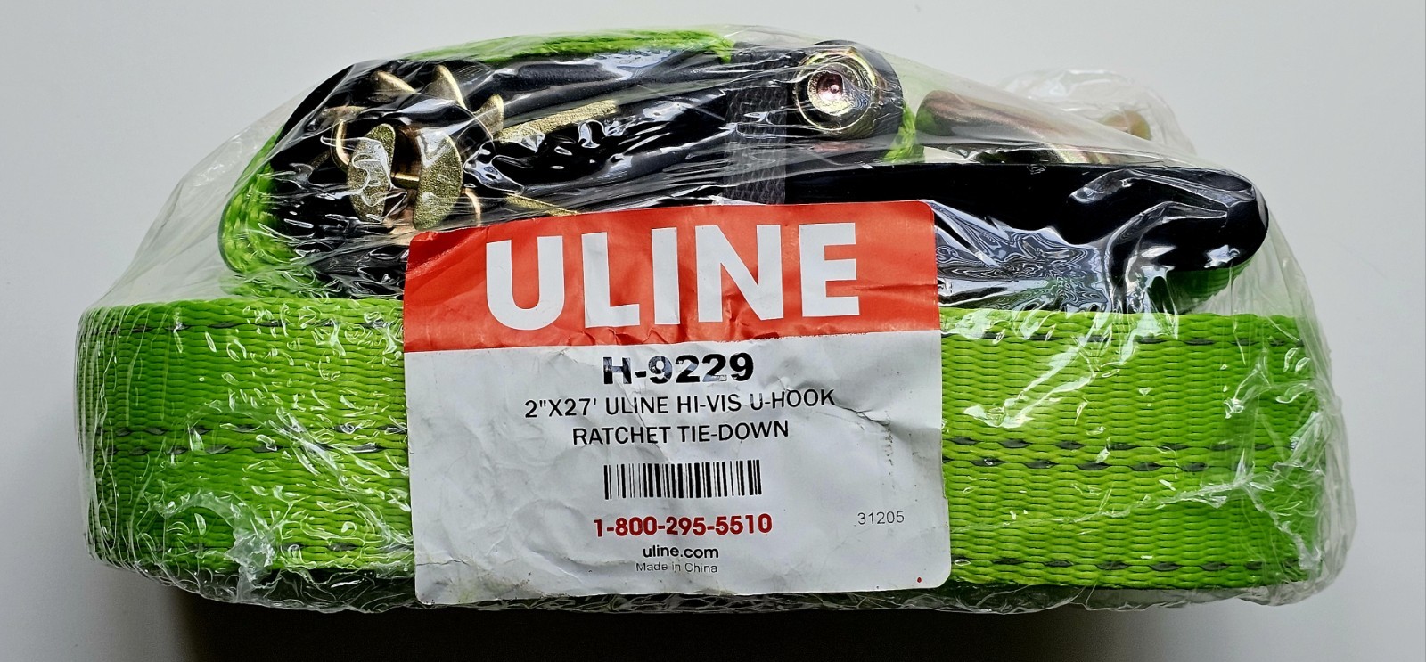ULINE U-Hook 2" x  27' Green Ratchet Tie Down Working Load 10,000 LBS H-9229