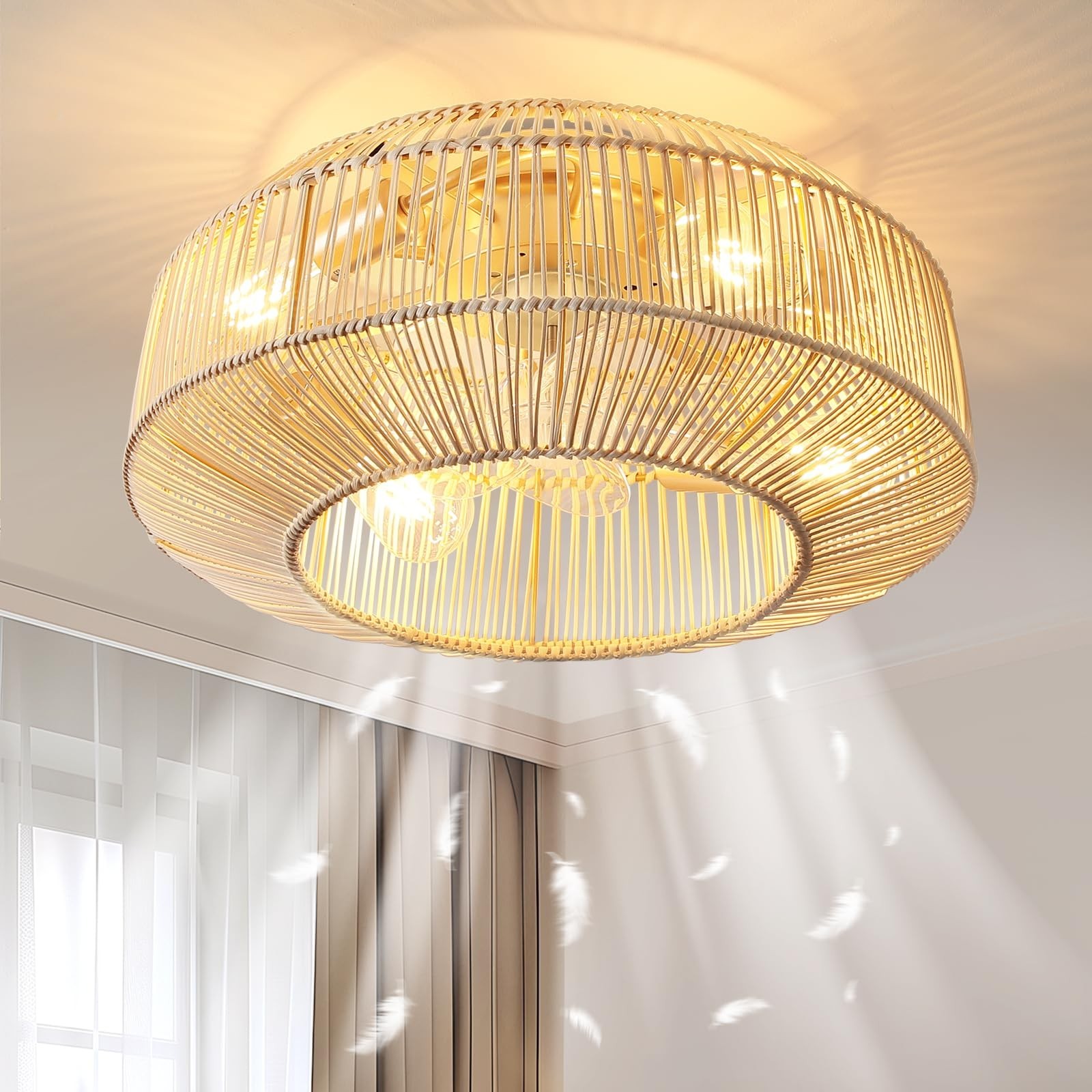 20" Boho Rattan Ceiling Fan with Lights, Flush Mount Caged Ceiling Fan with R...
