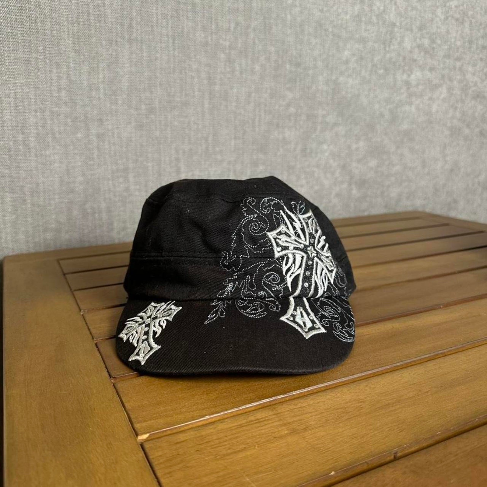 Y2K black and white cross embroidered cap