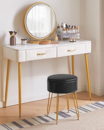 Faux Leather Round Footrest Stool with Storage Ottoman, PU storage Black