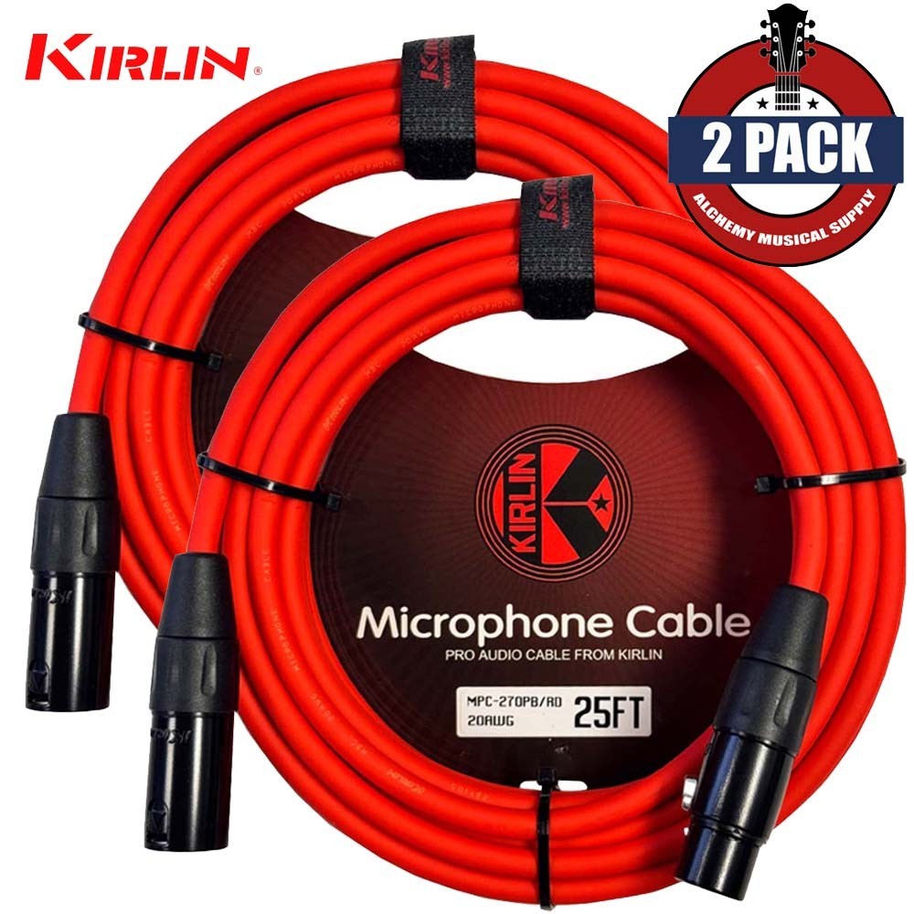 2-PACK Kirlin 25FT 3-Pin XLR Male to XLR Female 20AWG Microphone Cable Red