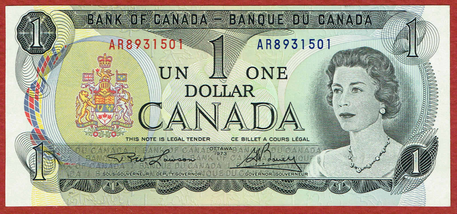 BANK OF CANADA 1973 $1 LAWSON-BOUEY PREFIX AR (BC-46a) CH CU