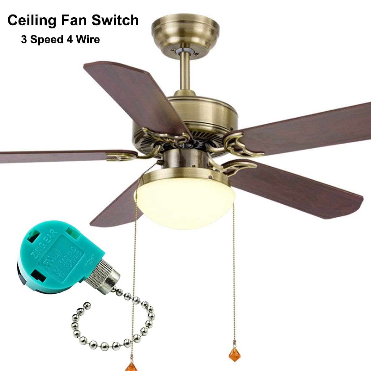 Ceiling Fan Switch 3 Speed 4 Wire Zing Ear ZE 268S6 Pull Chain Switch Control...
