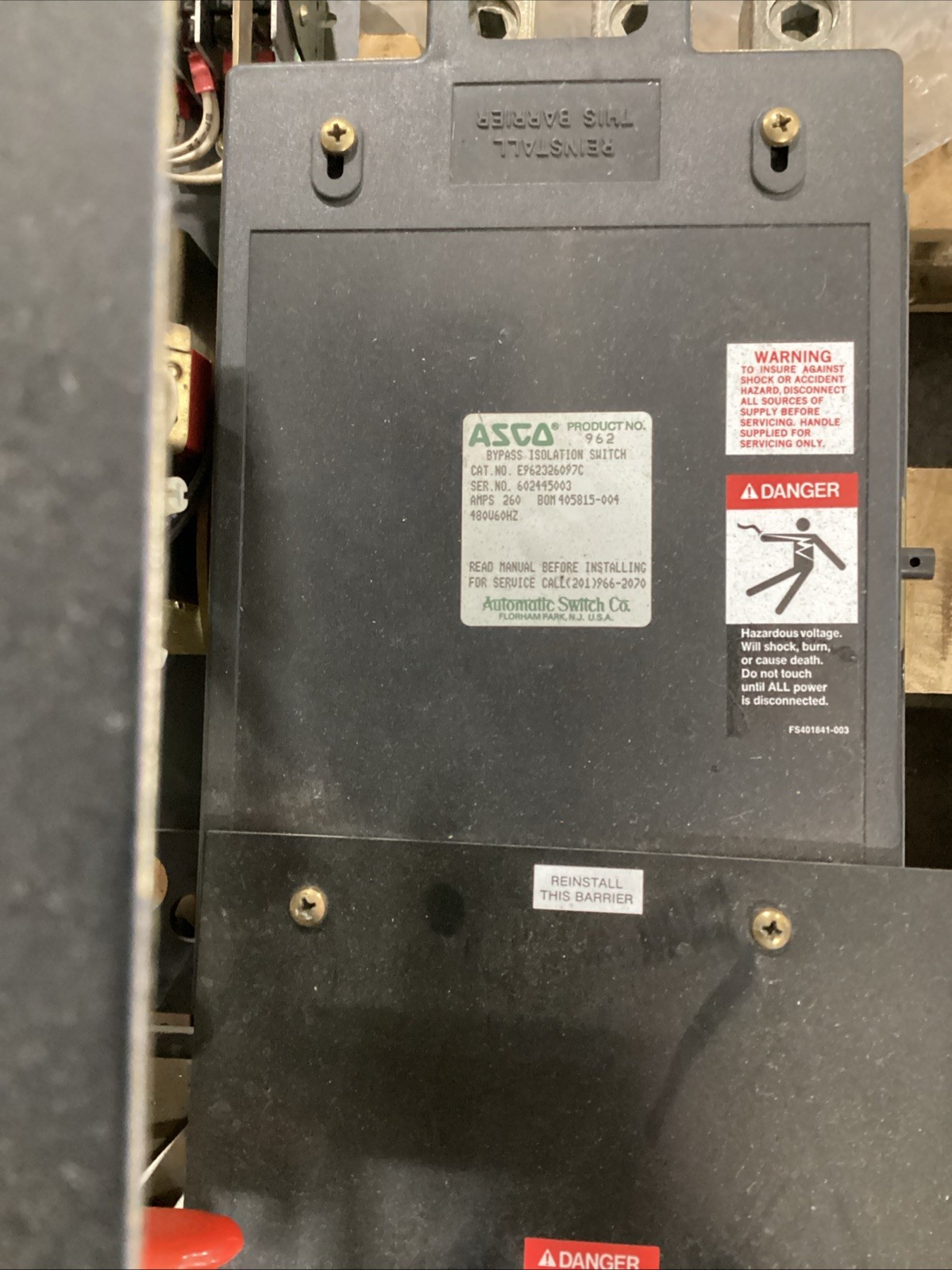 ASCO 962 TRANSFER SWITCH BYPASS ISOLATION SWITCH 260 Amp 480 Volt