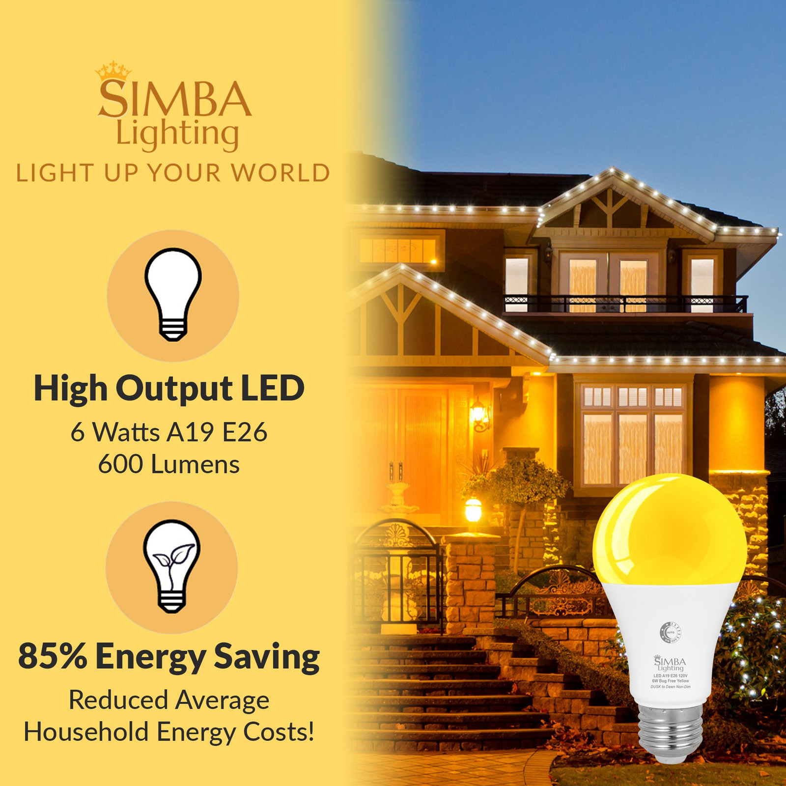 [2 Pack] LED Bug Repelling Amber Bulb 6W / 40W with Dusk-to-Dawn Sensor E26 Base