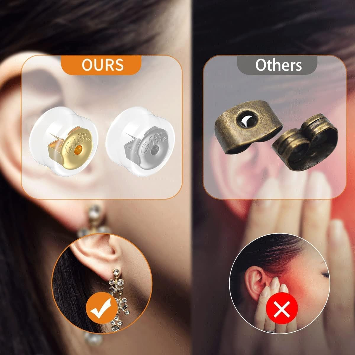 18K Gold Secure Earring Backs for Studs, 925 Silver Silicone Hypoallergenic Soft