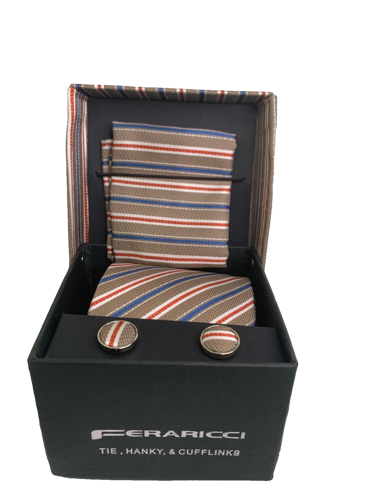 Feraricci Tie Handkerchief Cufflinks Set Gift Box Striped Matching Hanky New