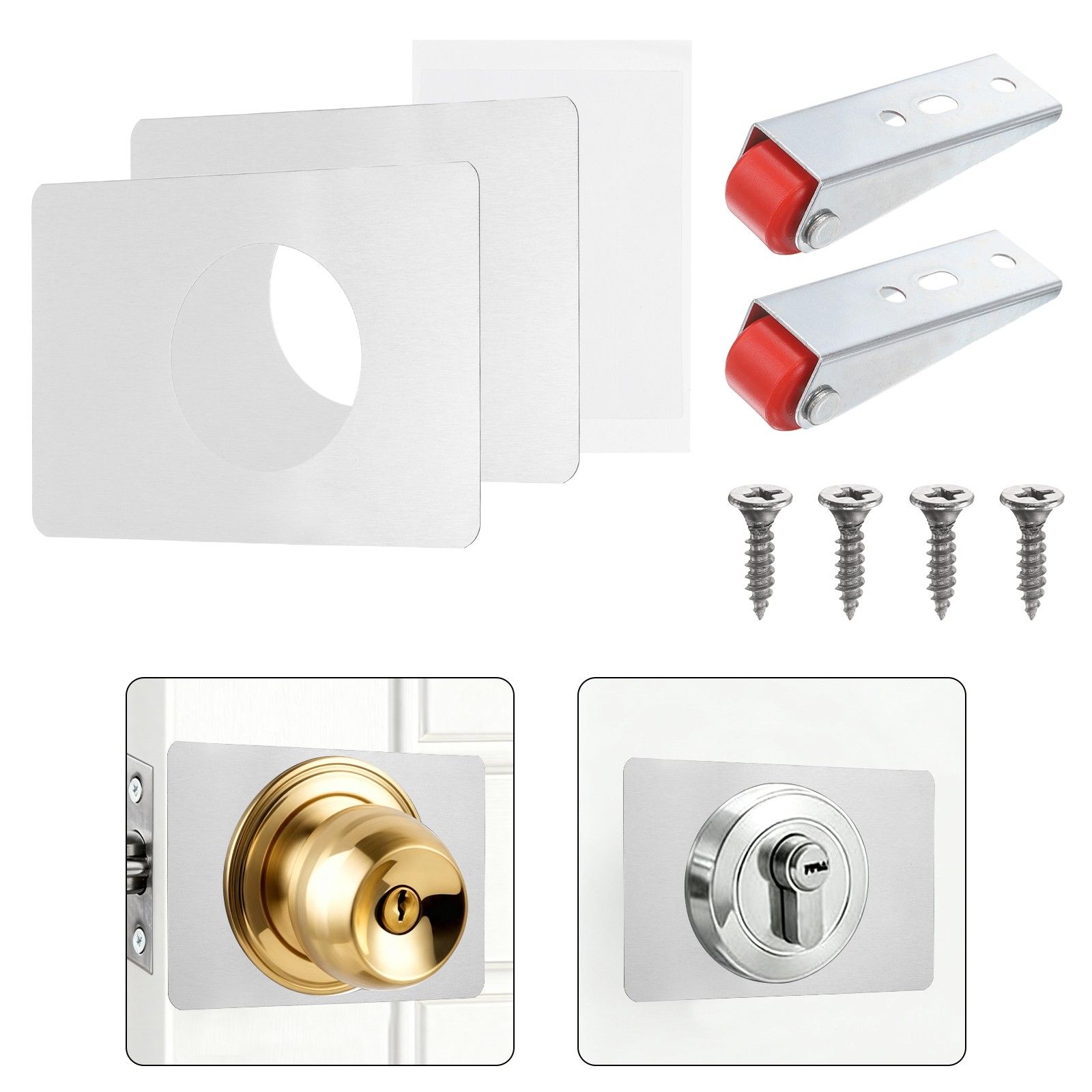 2Pcs Door Knob Plates Door Reinforcement Plate with Red Wheel, Silver