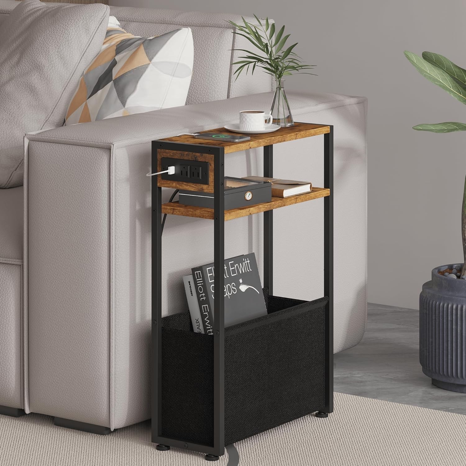 Narrow Side Table Slim End Tables W/ Fabric Basket Skinny Table Small Spaces