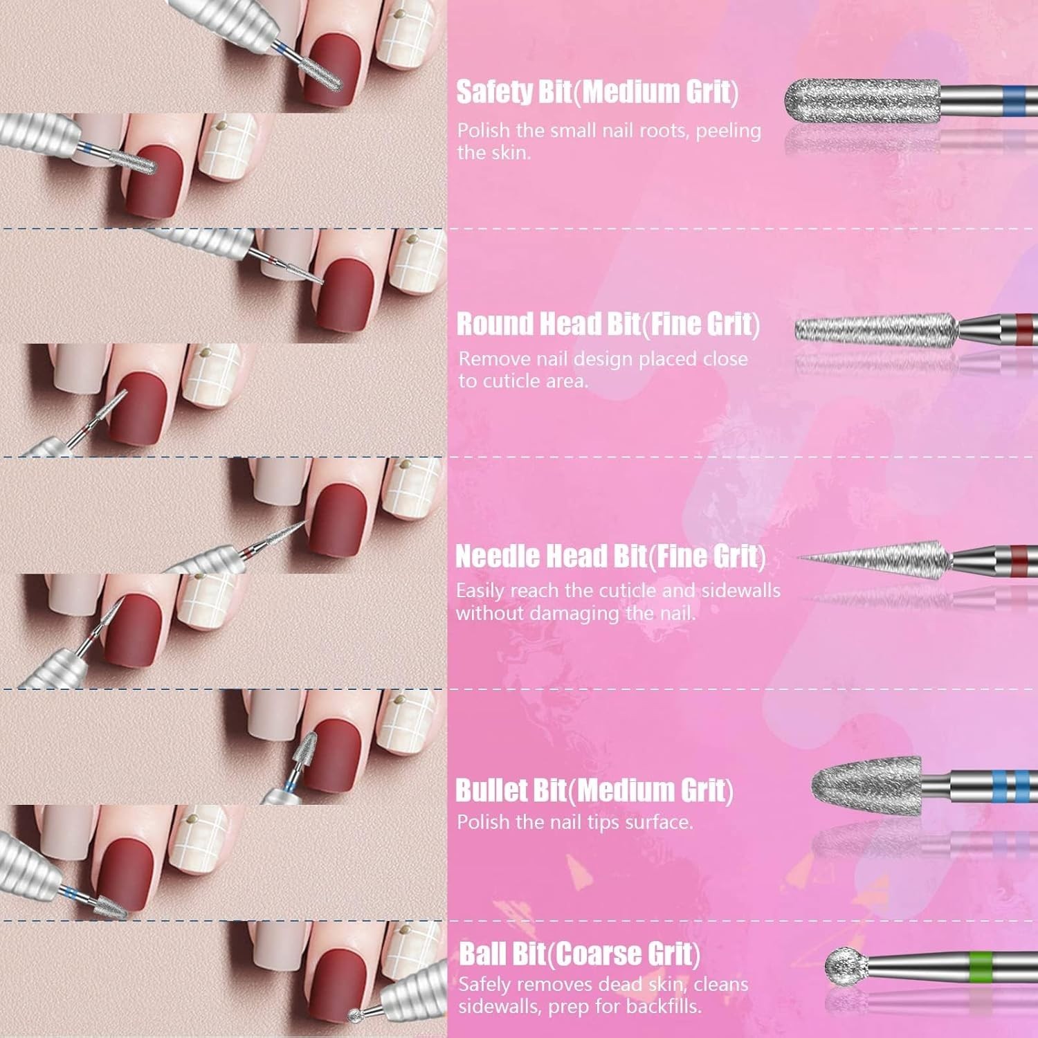 21Pcs Nail Drill Bits Set with Portable Pink Case, 3/32 Inch Drill Bits for N...