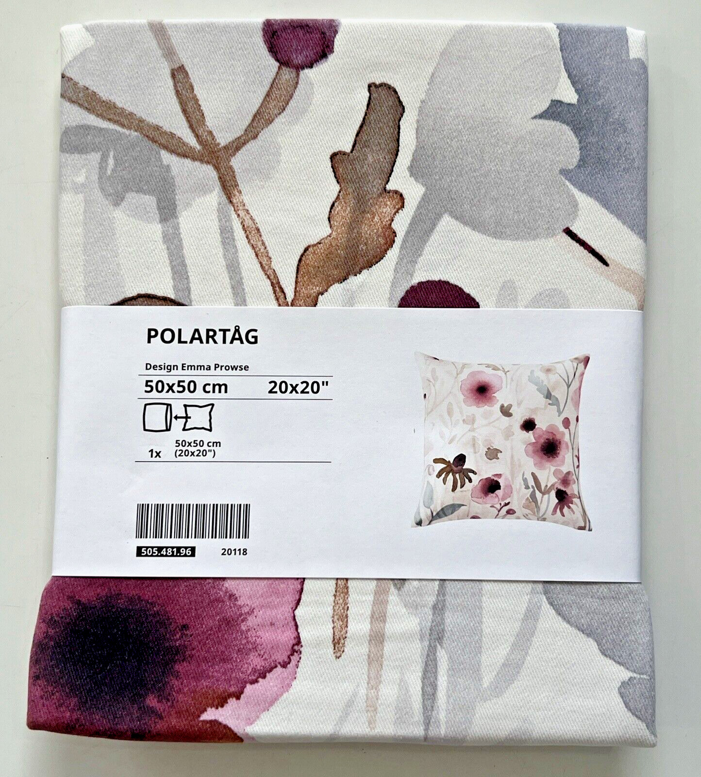 Ikea Polartag Pillow Cushion Cover Cotton 20" x 20" Off-White/Floral New