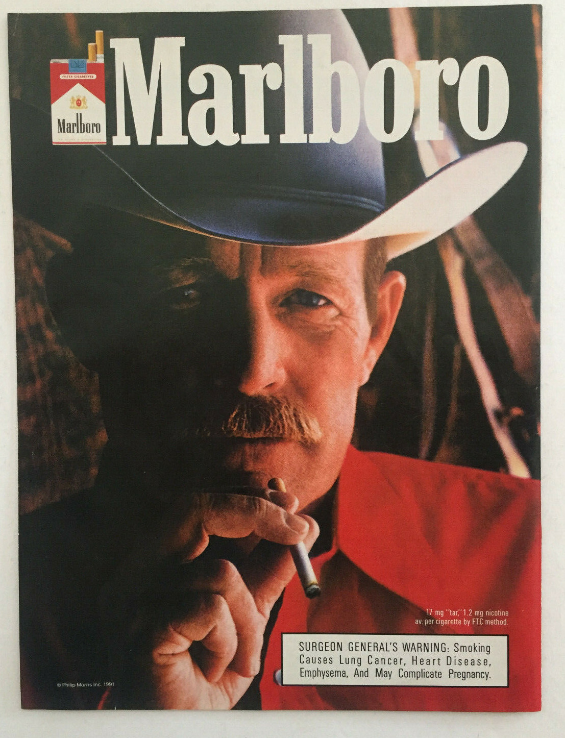 1991 Marlboro Print Ad Cowboy with White Hat Smoking 8 x 11