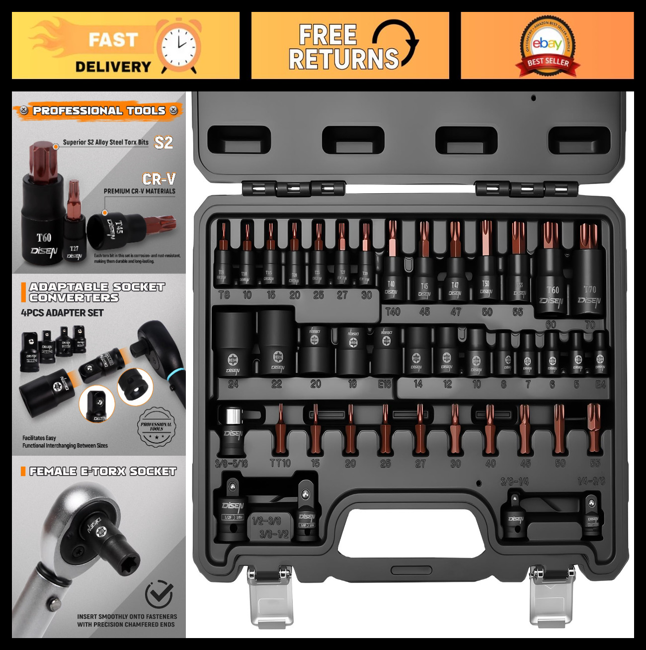 42-Piece Master Torx Bit Socket Set | CR-V & S2 Steel, T8-T70, E4-E24, High Torq