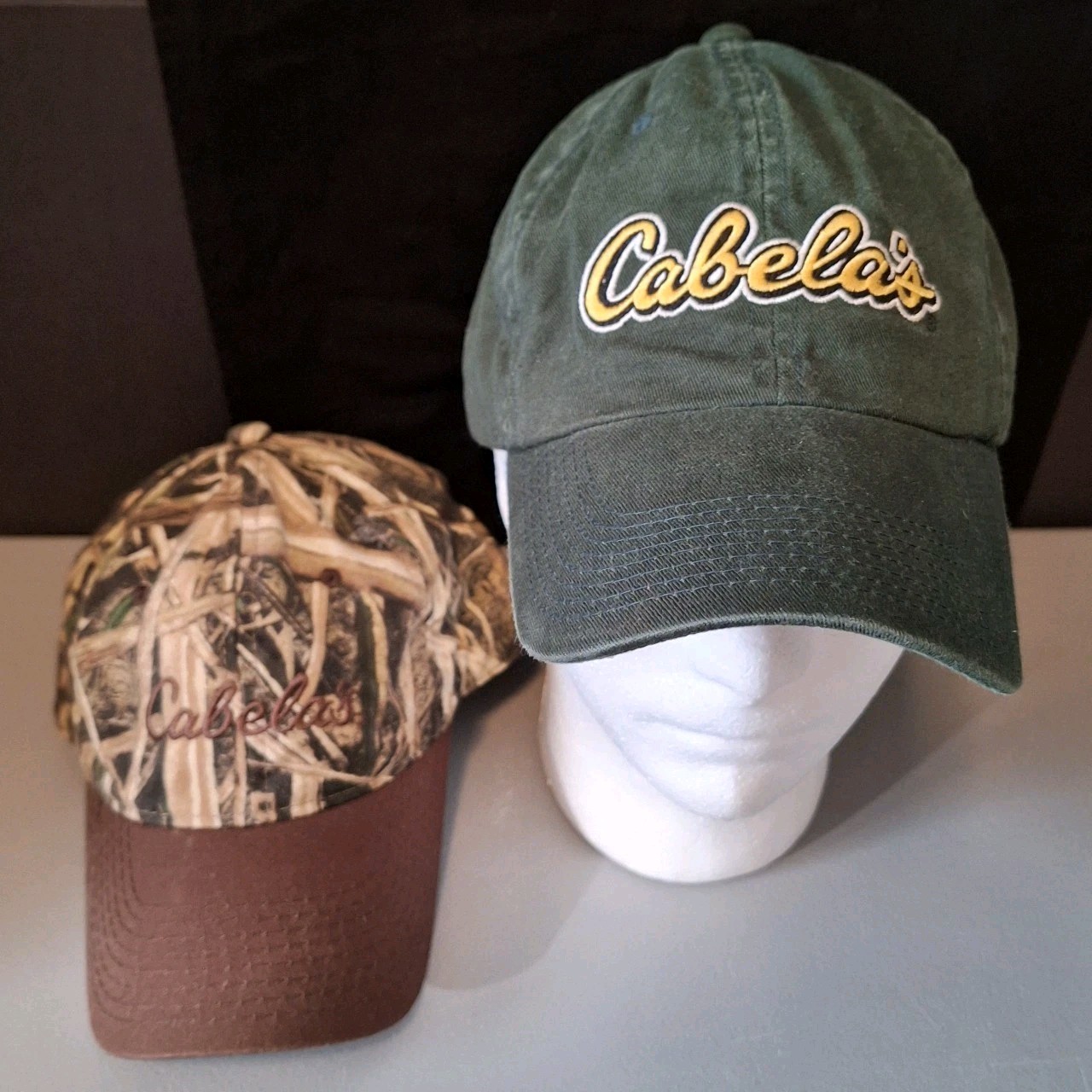 Lot Of 2 Cabelas Hats Adjustable Camo & Green Hunting, Fishing, Outdoors